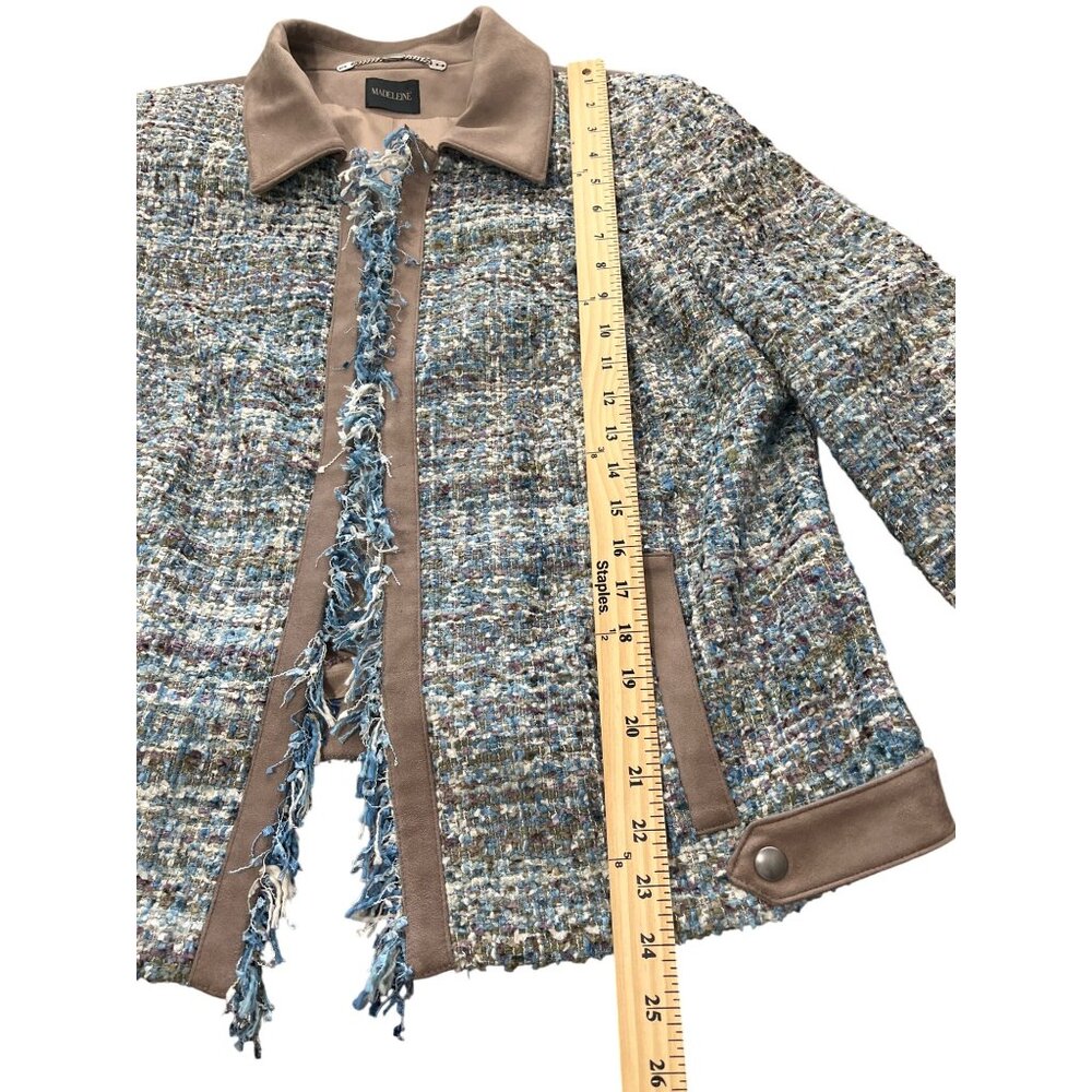 Madeleine Womens Size XL Blazer Blue Tweed & Taupe Faux Suede Jacket - Picture 6 of 7